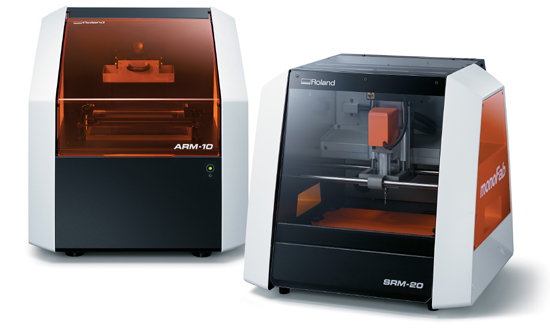 The ARM-10 3D printer and SRM-20 compact milling system combine to form the monoFab series. Courtesy of Roland.