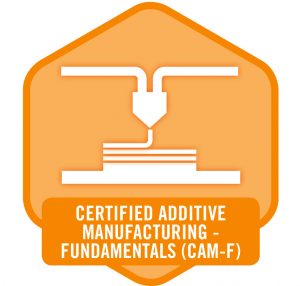 Digital badge awarded to those who complete the Fundamentals in Additive Manufacturing Certification exam. The new program, a joint venture of UL, Tooling U-SME and America Makes, will help validate and develop the AM workforce. (Image courtesy Tooling U-SME)