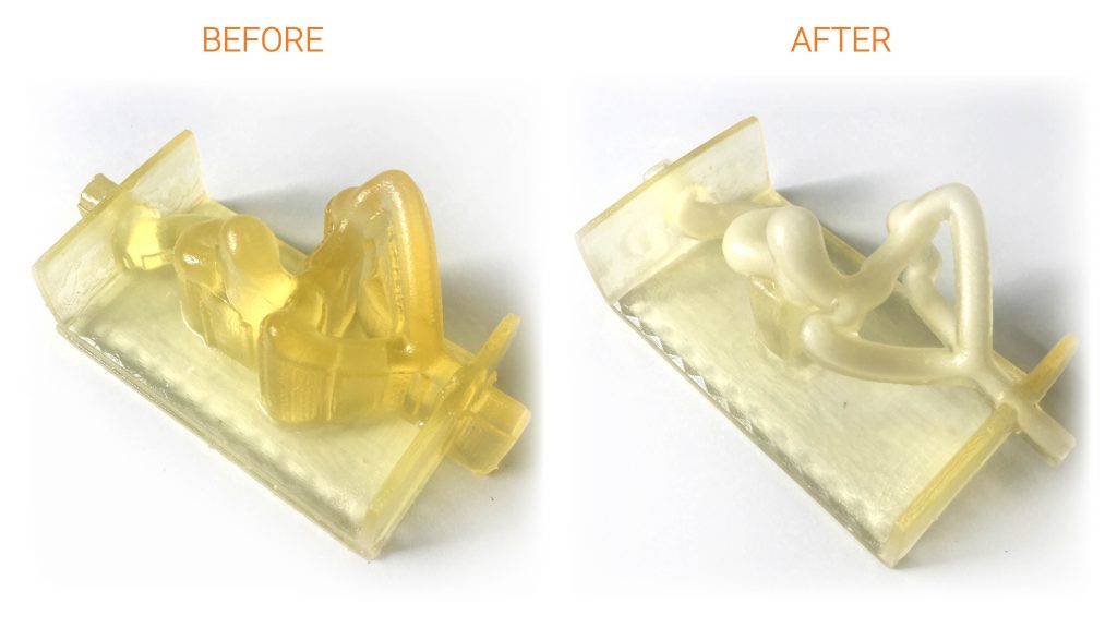 Before and after PostProcess' automated support-removal performed on a vascular model. The part was 3D-printed in Vero build material and 706 support material on a Stratasys PolyJet system. (Image courtesy PostProcess)