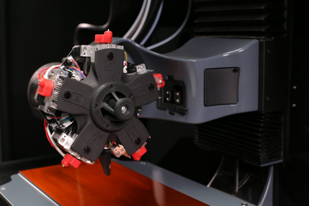 High precision tool turret for Diabase Engineering H-Series 3D printers. Five primary positions support additive or subtractive tools; five intermediate positions allow use of Bowden drives, fluid dispensing, sensors, etc. (Image courtesy Diabase Engineering)