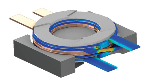 Current density in a planar transformer from a magnetic frequency response simulation.