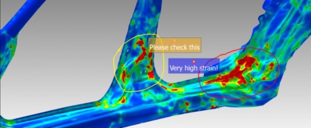 A new Sketch tool debuts in the 18.1.0 versions of the ANSA preprocessor and META post-processor. With it, users can highlight areas of interest on a model and add notes. Image courtesy of BETA CAE Systems.