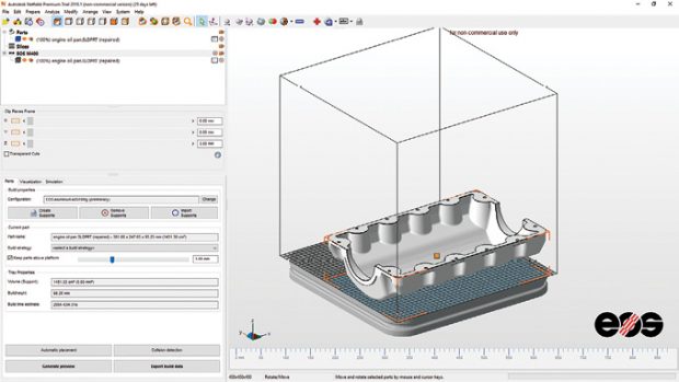 Netfabb 2018 provides a well-organized interface, with tools arranged around a display area in which you can view your model on a build platform matching the machine on which you will output your 3D part.