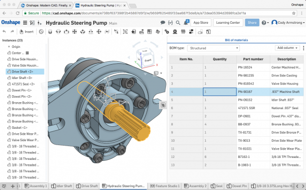 Onshape's new Simultaneous Bill of Materials (BOM) functionality creates and updates BOM data automatically and in real time as an assembly is designed. Anything selected in the BOM is highlighted in the assembly and the instance list as shown here. Image courtesy of Onshape Inc.