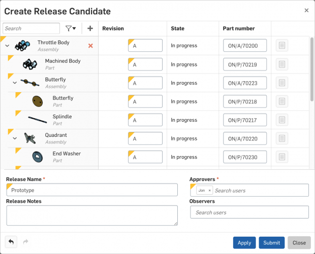 Onshape's new Release Management & Approval Workflow functionality provides workflows to release as well as obsolete a design. Its built-in release approval workspace offers a simple task view that allows designated approvers to explore release contents. Image courtesy of Onshape Inc.