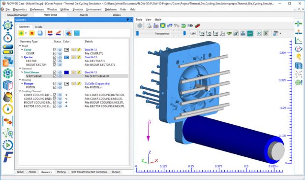 Flow Science has released version 5.0 of its FLOW-3D CAST metal casting simulation software. Shown here is a model setup workspace. Image courtesy of Flow Science Inc.