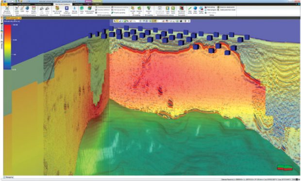 A 3D inversion model overlain on a seismic cube for integrated interpretation of horizons. Image: Schlumberger Omega