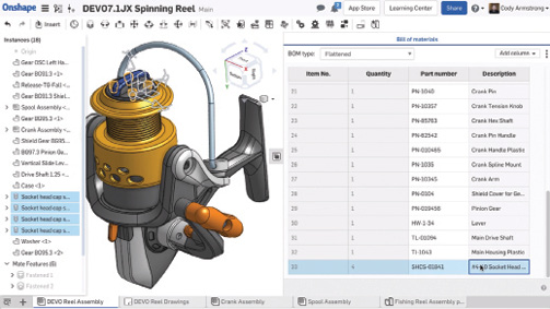 Generate a bill of materials directly within an assembly and then interact with it. Image courtesy of Onshape.