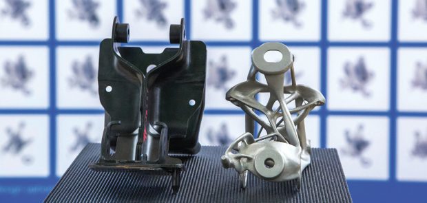 Originally an eight-piece assembly, GM uses Autodesk generative design software to redesign the component into a single 3D-printed piece. Image courtesy of Autodesk.