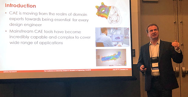 Seb Dewhurst, director of Business Development for EASA, makes a presentation on the democratization of simulation at CAASE 18.
