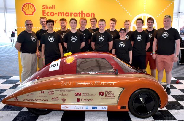 The Saint Thomas Academy team beat out teams, including several university teams, from North and South America that raced hydrogen, battery-electric and internal-combustion powered UrbanConcept cars. The top three teams from the Shell Eco-marathon Americas, Asia and Europe comprised the nine-car field for the international finale. Image courtesy of Saint Thomas Academy.