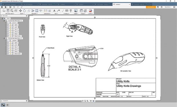 Fusion 360 provides tools for documenting parts and assemblies. Drawings remain associative to models so that they can update when changes are made to the model.