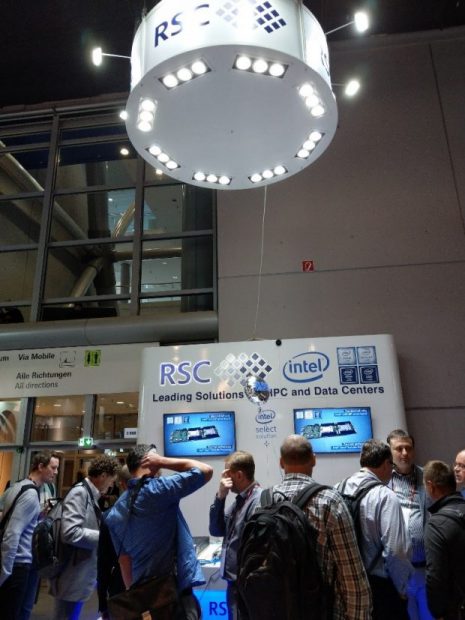 The RSC booth was busy throughout the ISC Supercomputing conference in Frankfurt thanks to the release of their new HPC solution. The latest model in the RSC Tornado line of HPC modules uses new SSD storage and Optane memory drive technology. Image courtesy of RSC.