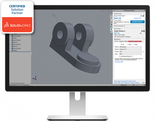Xometry offers a complementary add-in that enables instant quoting from the SOLIDWORKS CAD workspace. With the acquisition of MakeTIme, the company will have a similar Autodesk Fusion component. Image courtesy of Xometry Inc.