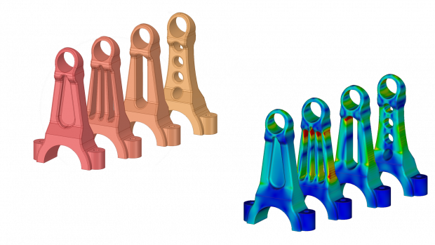 Discovery Live bracket iterations with simulations -- Users of Discovery Live can test more design iterations in a shorter amount of time, and test ideas they would not otherwise have considered. Image courtesy of ANSYS.