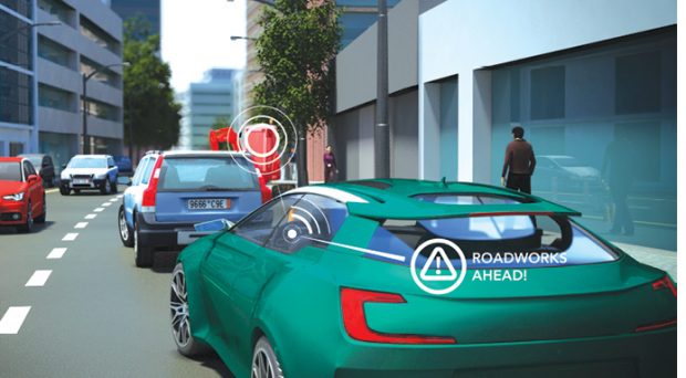 DSRC can work with vehicle-to-infrastructure technology to warn the driver of road construction and hazards not immediately visible to enhance driving safety. Image courtesy of NXP Semiconductors.