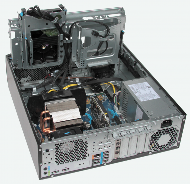 Fig. 2: The HP Z2 SFF G4 has lots of rear panel ports and a well-organized interior, with drive bays that pivot to access internal connections. Image by David Cohn.