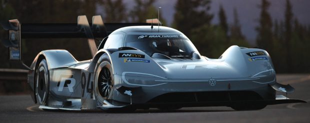 Volkswagen’s first fully electric race car, the I.D. R Pikes Peak, which was developed with ANSYS simulation solutions, shattered the time record at the Pikes Peak International Hill Climb. Image courtesy of ANSYS.