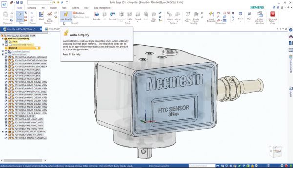 Solid Edge 2019 retains its clean, intuitive interface. A new auto-simplify tool can reduce parts to a geometric lump representing their external shape. Images courtesy of Siemens PLM Software.