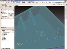 These before (left) and after (right) images of a housing show where Femap software removed geometric details such as ribs, fillets, and stand-offs, andmerged surfaces together to simplify meshing.