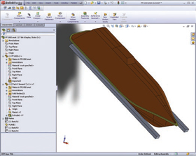 This NEi Motion analysis of a lifeboat for an offshore oil rig first examines the CAD model (left) as a rigid body to determine the velocities and angle of hitting the sea (dependent on drop height, launch-skid length, etc.). 