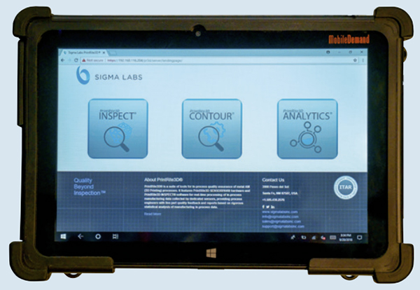 PrintRite3D on ruggedized tablet: PrintRite3D software applications installed on a ruggedized Windows tablet. Image courtesy of Sigma Labs.